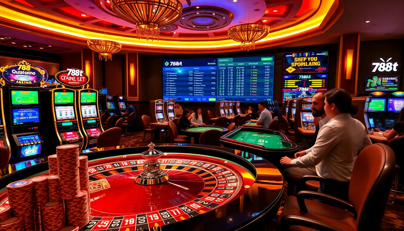 A thrilling gambling scene showcasing the 788t platform with a roulette table, vibrant slot machines, and engaging participants.