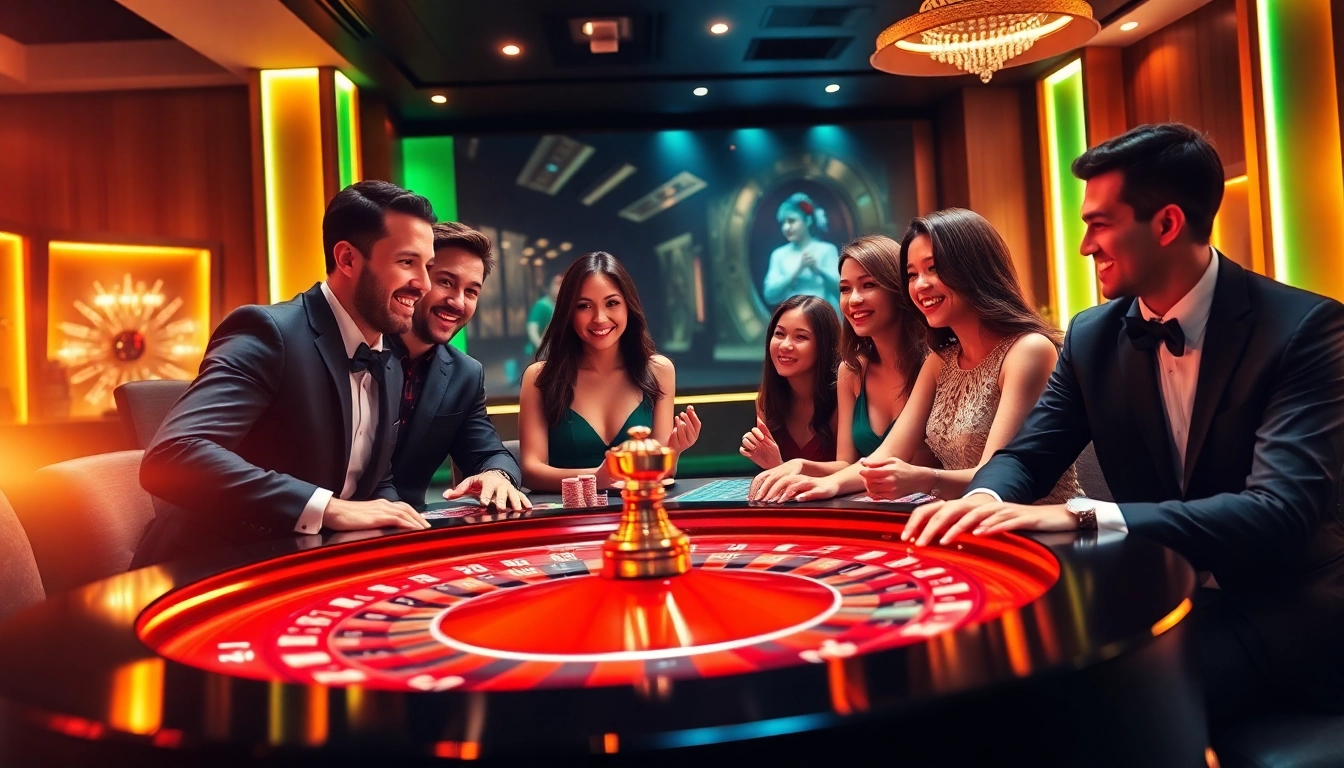 Players enjoying the game go88 at a luxurious casino, showcasing poker chips and roulette.
