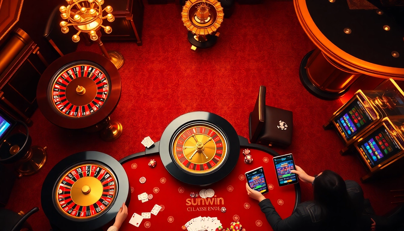 Exciting casino environment showcasing sunwin tải app on digital screens, vibrant tables, and roulette wheel.