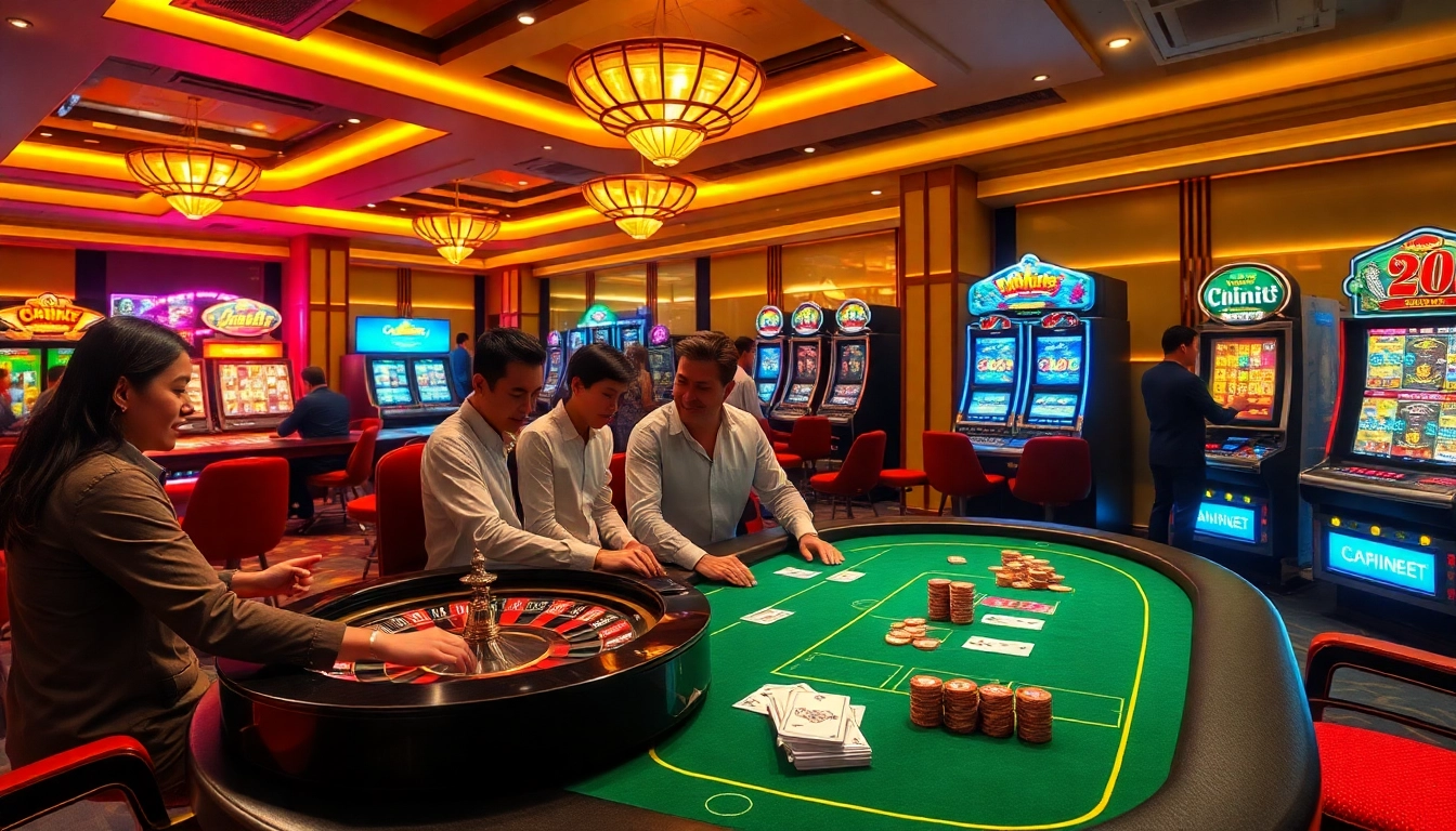 Players winning at nk88 bet in a vibrant and luxurious casino environment, showcasing poker tables and roulette wheels.