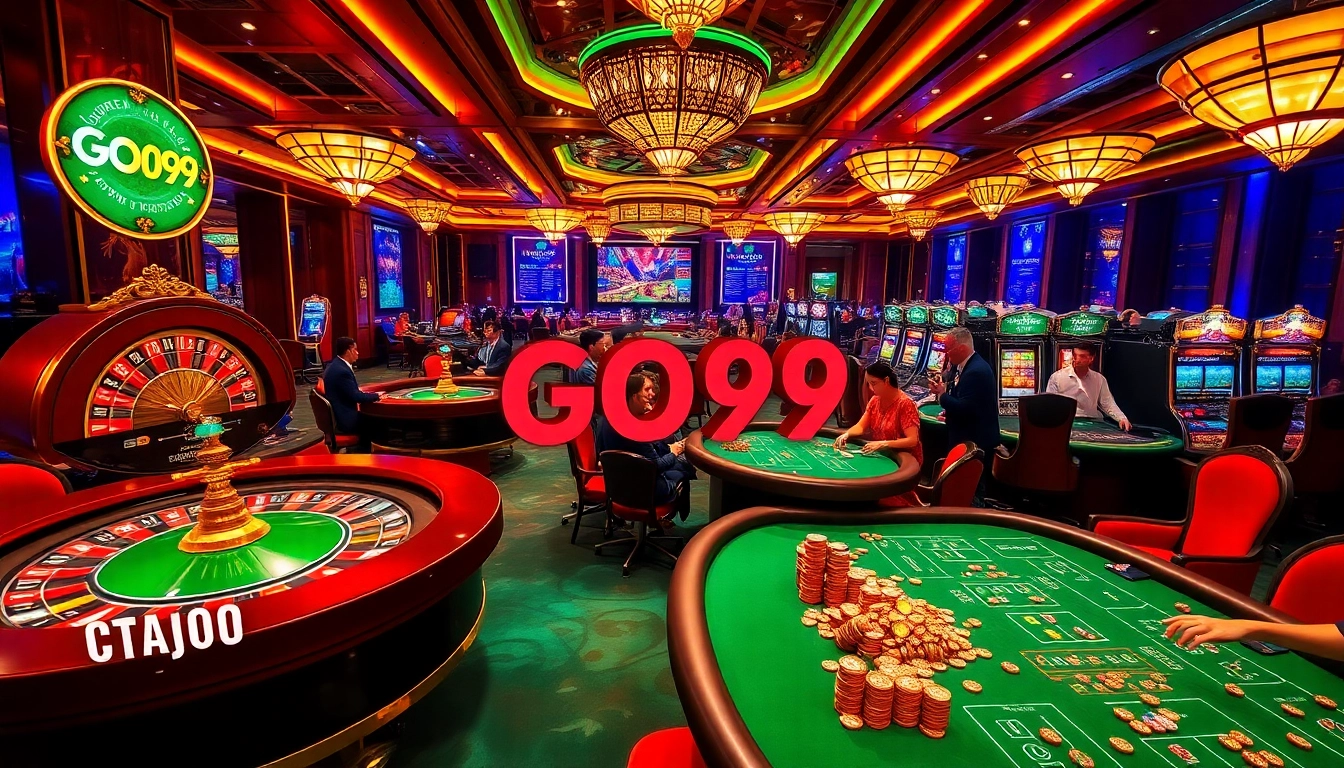 Experience the excitement of go99 at a luxurious casino featuring vibrant tables and players celebrating victories.