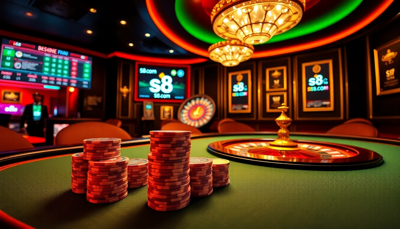 A bustling casino scene at S8 com, featuring a poker table and roulette wheel, embodying excitement and luxury.