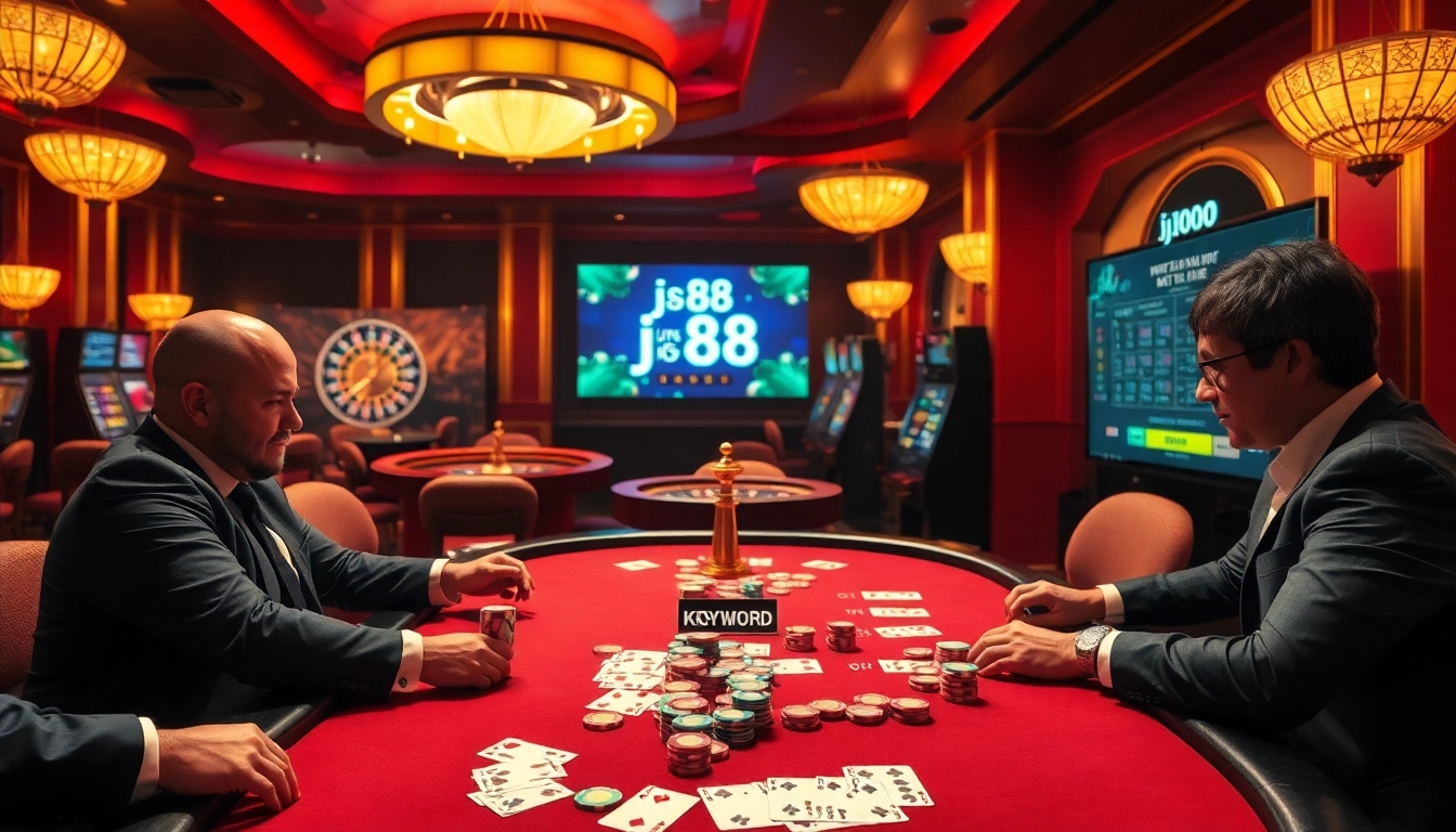 Players at a high-stakes poker table in a luxury casino showcasing j88 betting options with colorful chips.