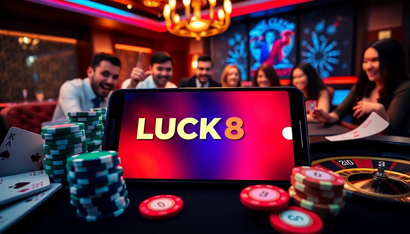 Experience the LUCK8 APP with a stylish casino scene featuring poker chips and betting activities.