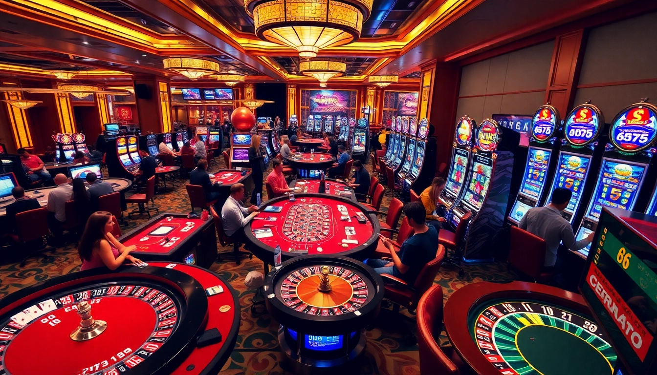 Engaged players enjoying casino games at MB66, surrounded by vibrant tables and slot machines.