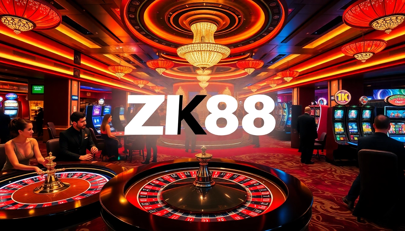 ZK88 Casino scene with players enjoying roulette and slot machines in a luxurious setting.