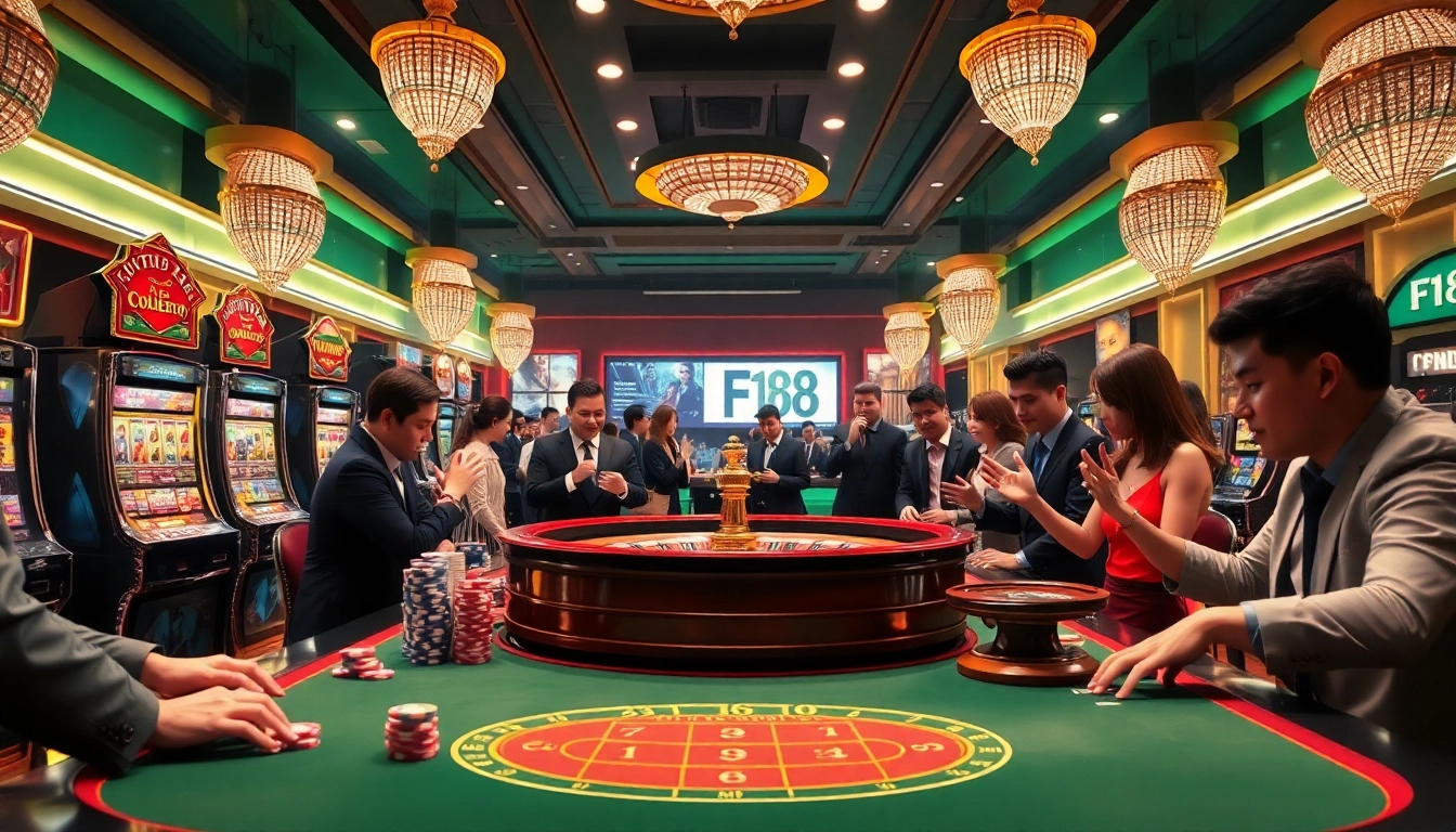 F168 nhà cái gaming table filled with players excitedly placing bets in a luxurious casino setting.