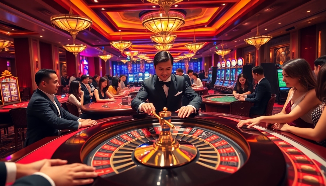 Excited players engaging in a Casino trực tuyến atmosphere at a luxurious roulette table.