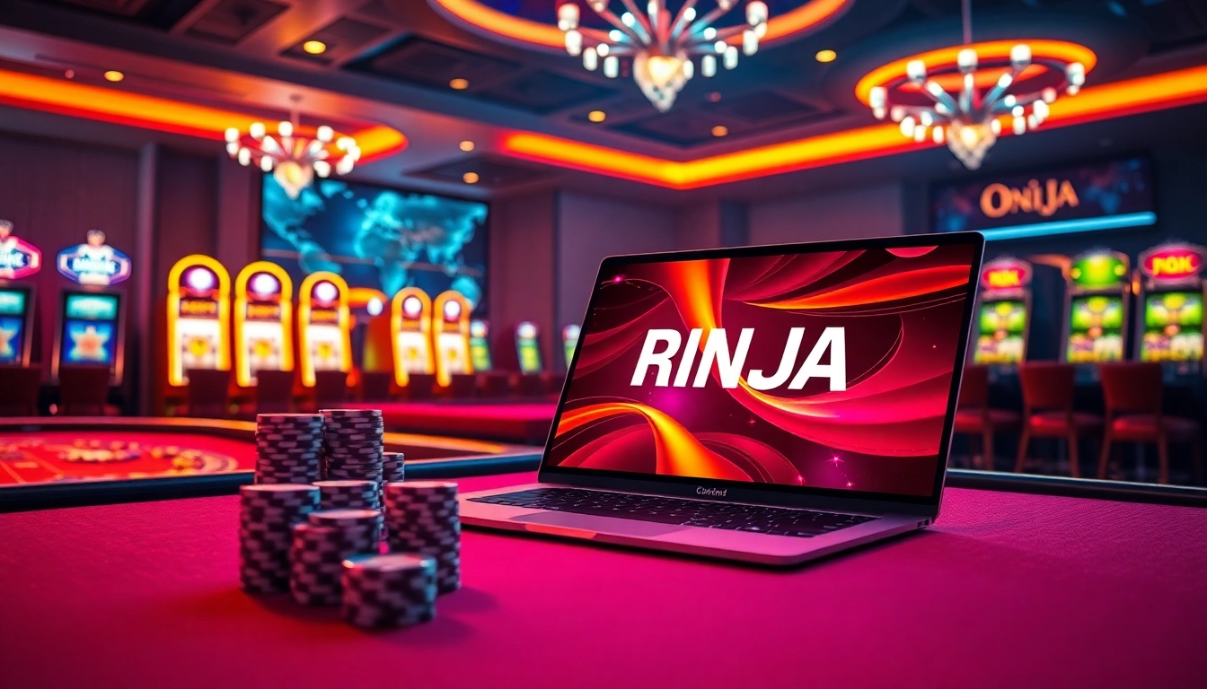 Online gambling scene featuring OK9 NINJA with poker chips and casino layout.