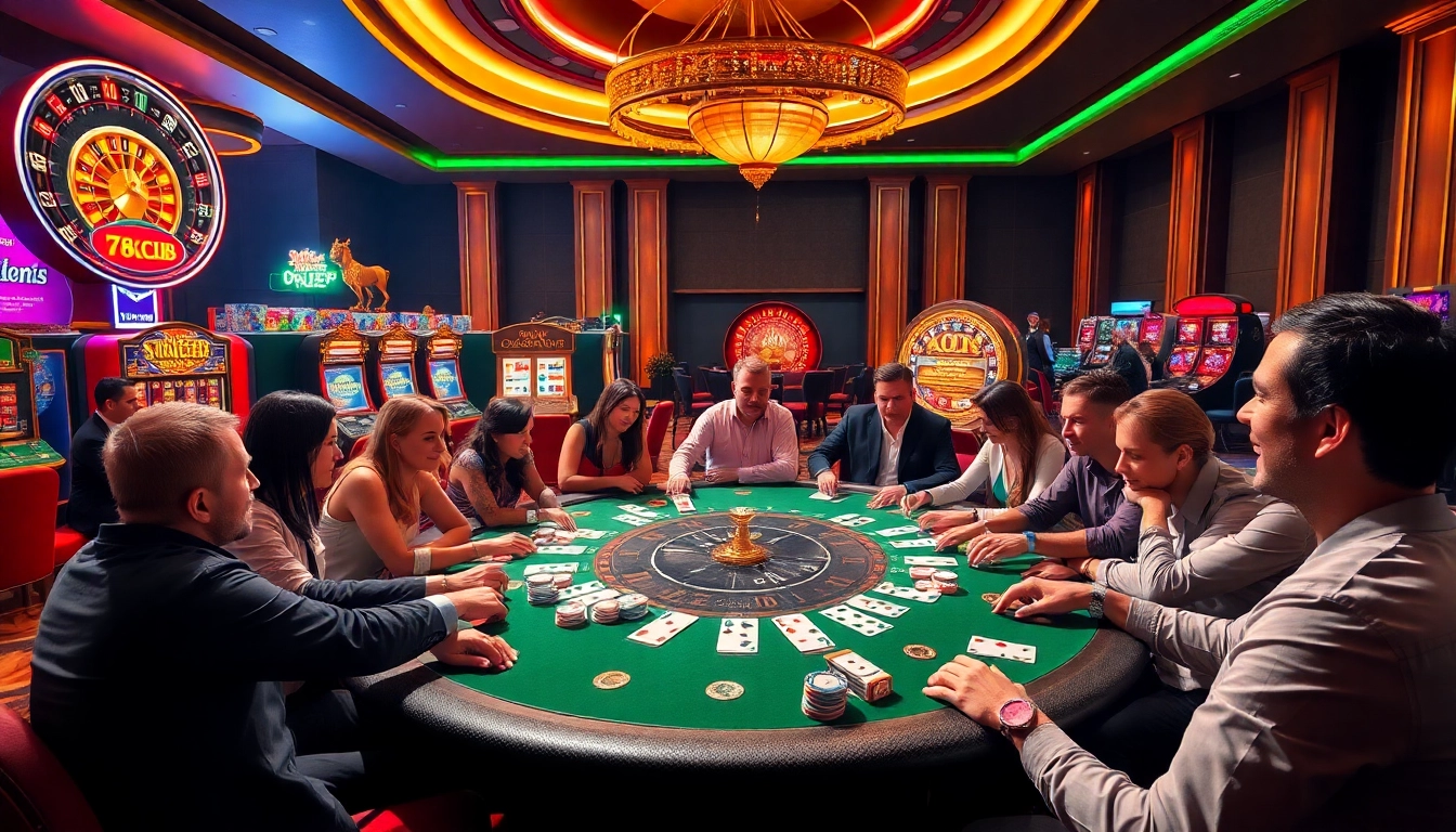 Players enjoying high-stakes poker at 789club, surrounded by vibrant slot machines and a roulette wheel.