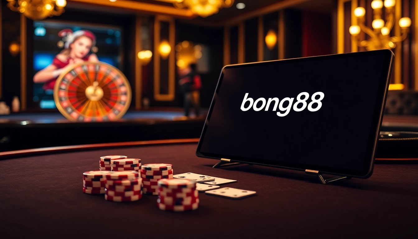 A thrilling poker game at bong88.casa featuring elegant chips, cards, and a roulette wheel.