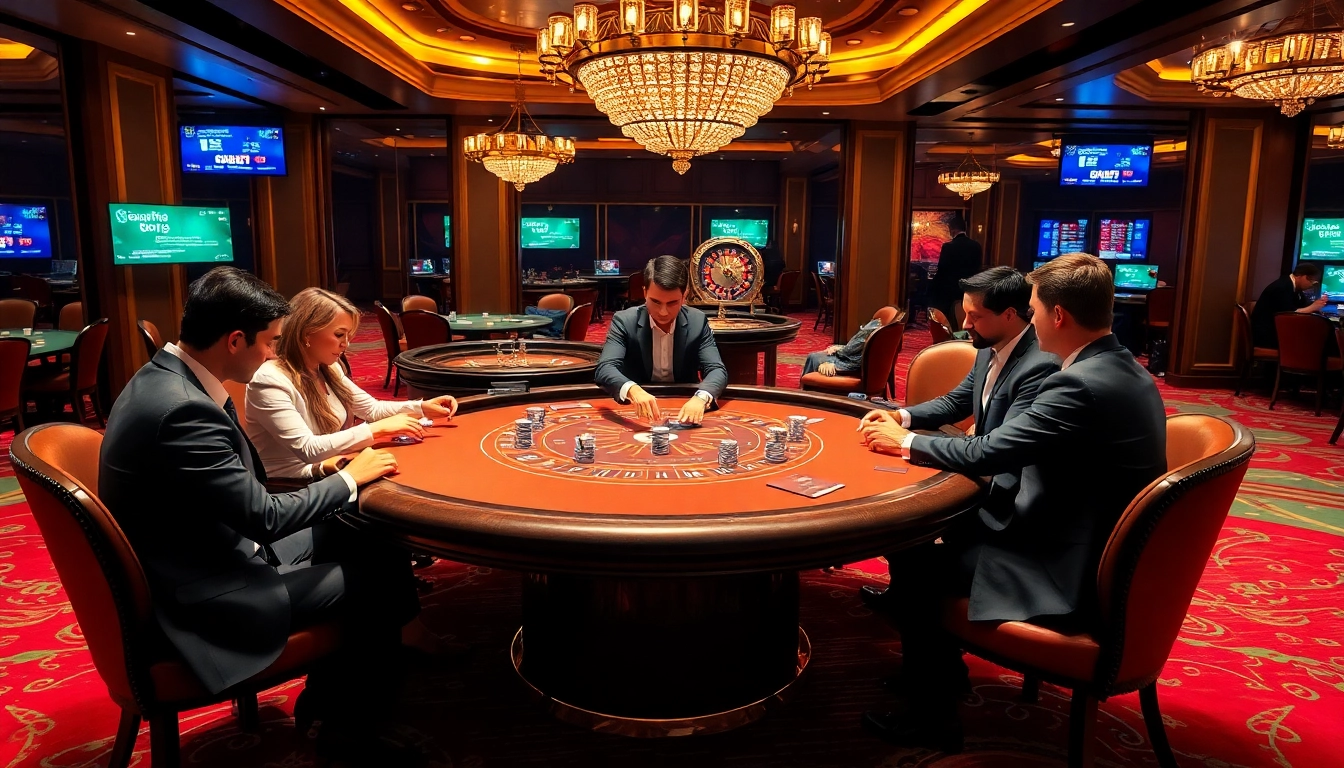 Players engaging in a high-stakes poker game at rikvip, surrounded by luxurious casino elements.