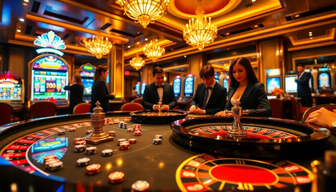 The gaming excitement at NOHU90 casino, showcasing vibrant tables, poker chips, and roulette wheels.