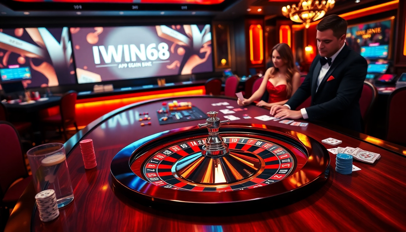IWIN68 gaming table showcasing poker chips and cards in a luxurious casino setting.
