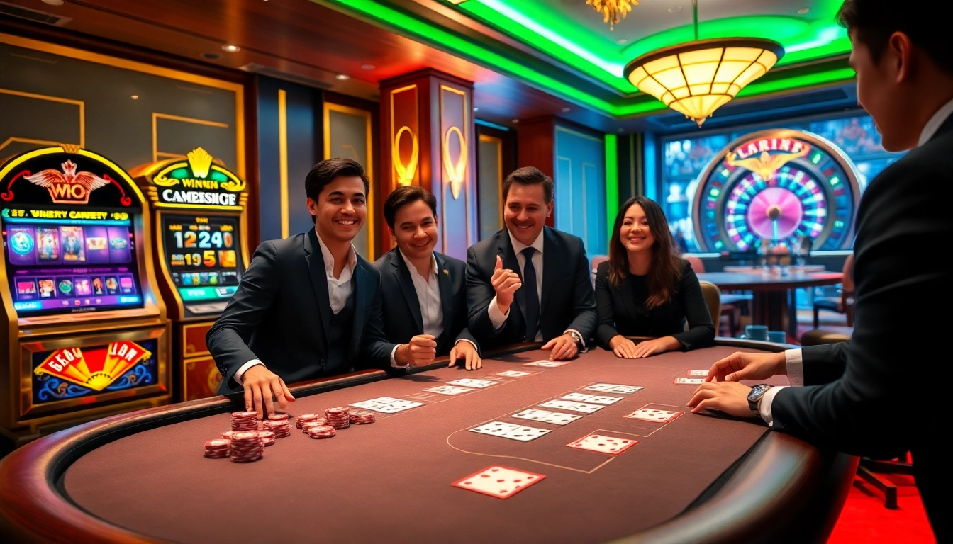 Poker players enjoy a thrilling game at a luxurious casino table, featuring win vn betting elements.