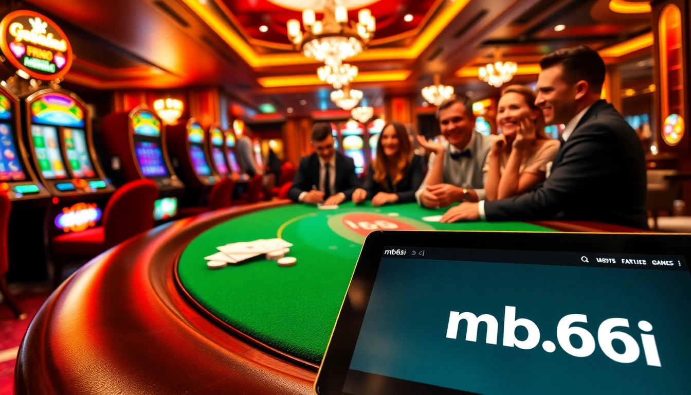 Players enjoying poker at the casino with mb66.ski interface visible on a tablet.