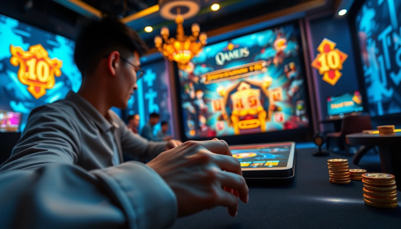 Engaging scene of gamebaidoithuong.com.vc showcasing online card games with vibrant graphics and rewards.