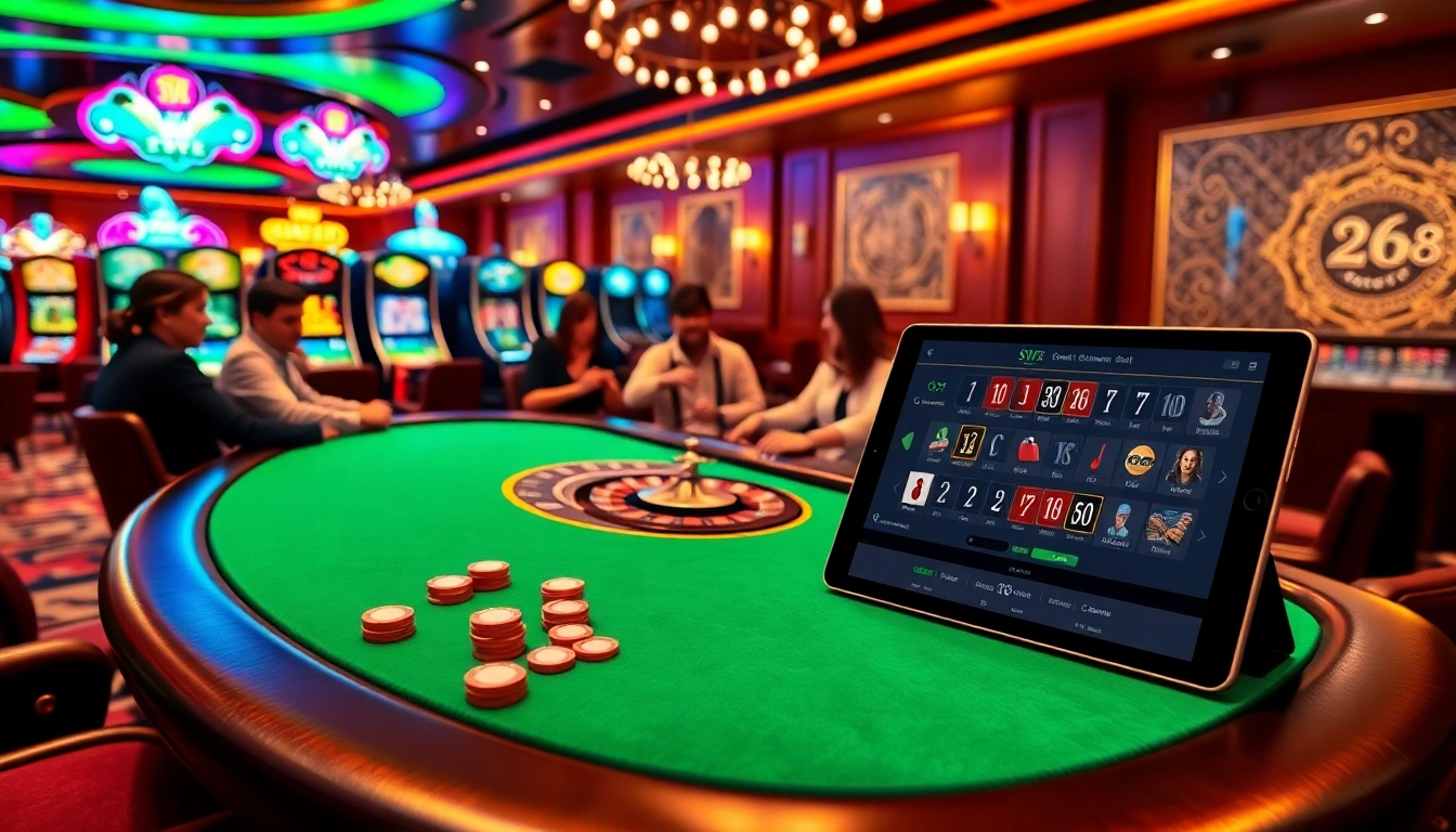 Engaging scene of players at a casino poker table with SV 88 online interface showing vibrant gambling elements.
