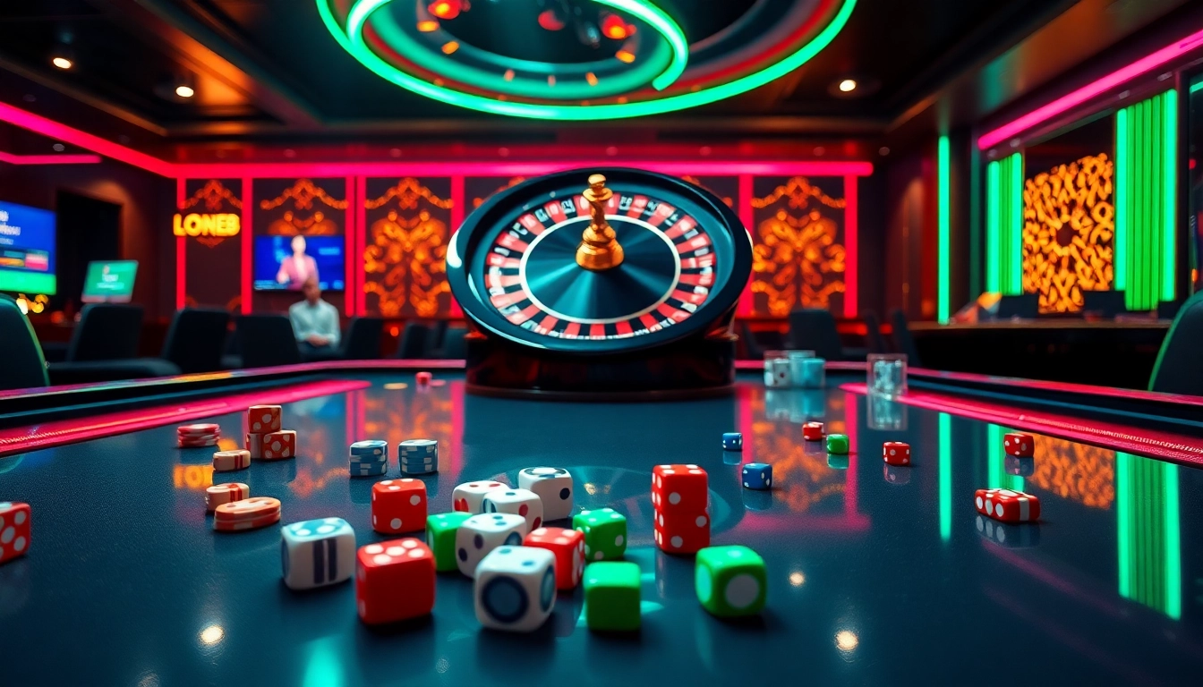 Lode88 enhances online gambling excitement with roulette, poker chips, and casino lights.