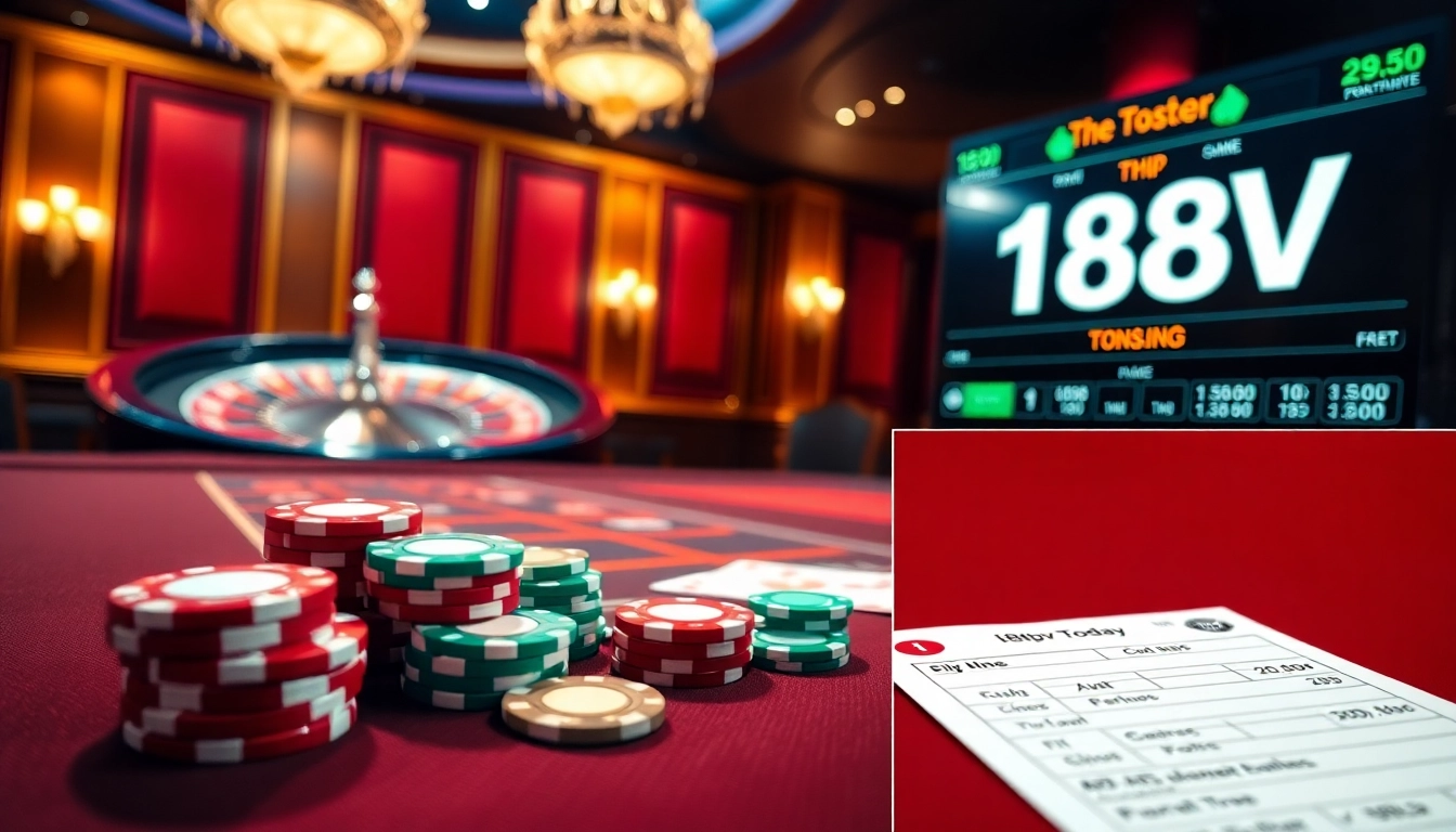 Experience the excitement at https://188v.today/ with professional gambling visuals showcasing poker, roulette, and betting slips.