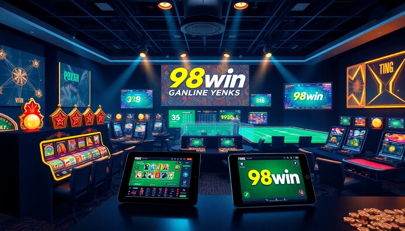 Link 98win displayed on modern digital devices in a vibrant casino environment.