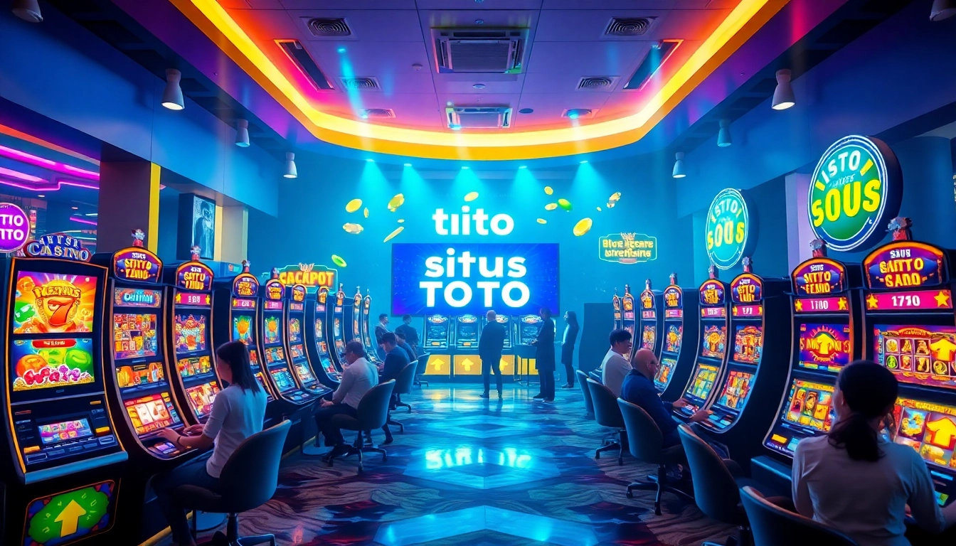 Exciting digital gambling scene featuring situs toto promotions and vibrant slot machines.