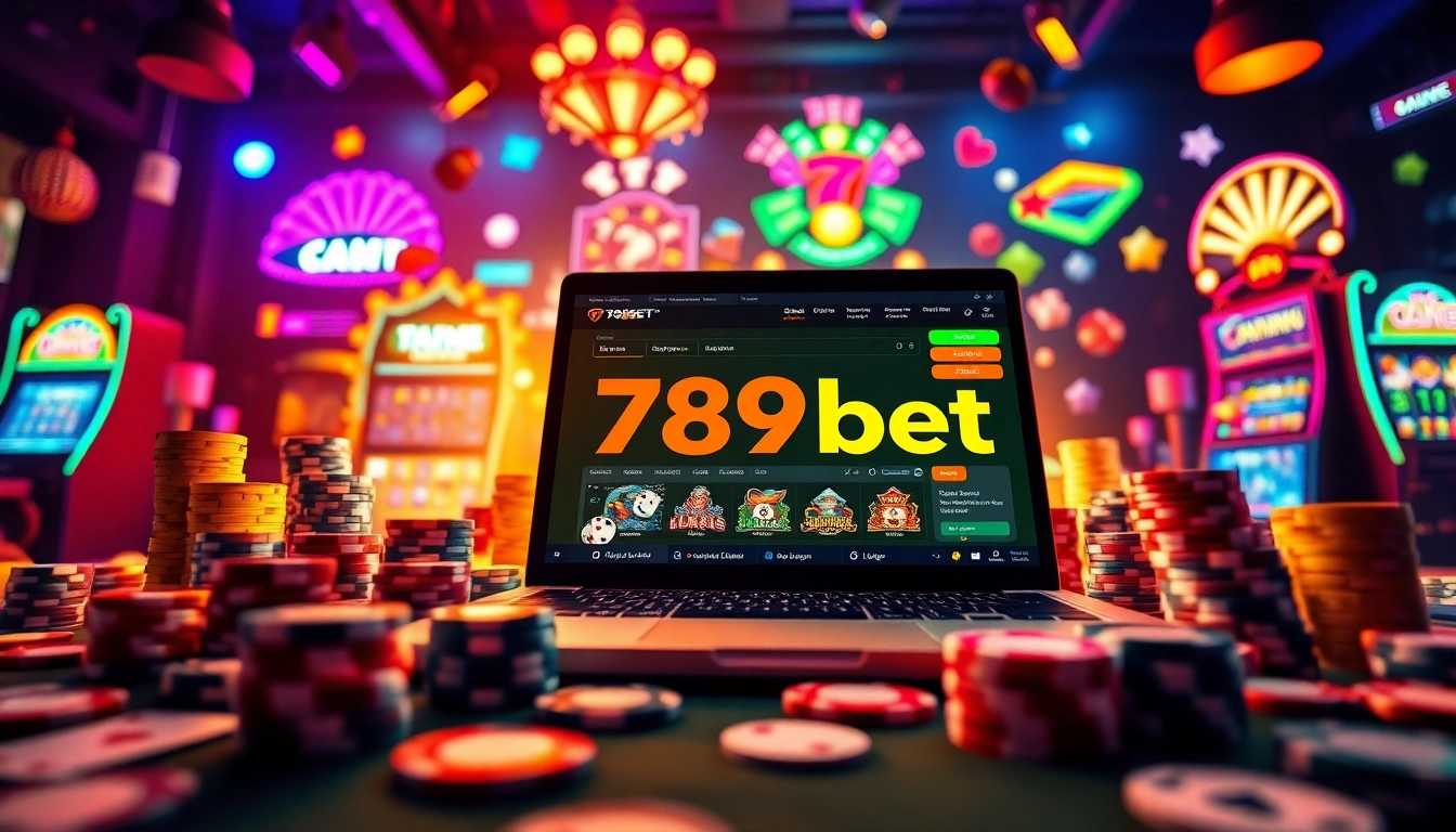 Engaging scene of 789bet online gaming setup with vibrant casino elements and dynamic lighting.
