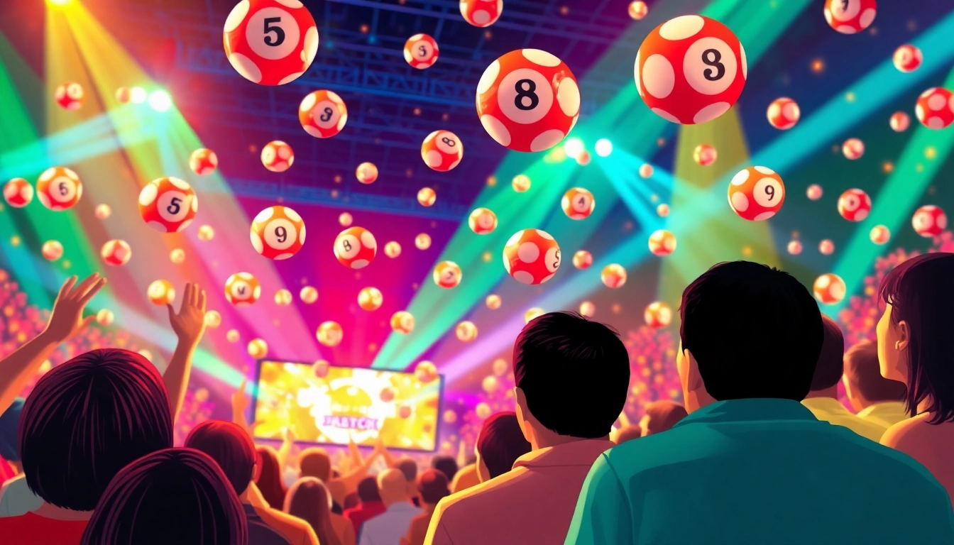 Kết quả xổ số excitement captured with lottery balls and eager winners in an engaging illustration.