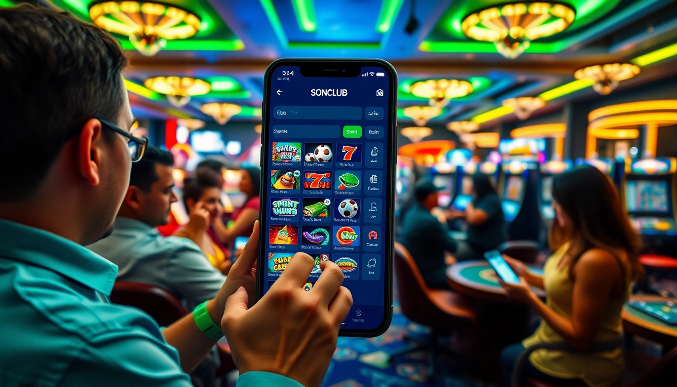 Sonclub mobile gaming app showcasing colorful games and user-friendly interface in a vibrant casino setting.