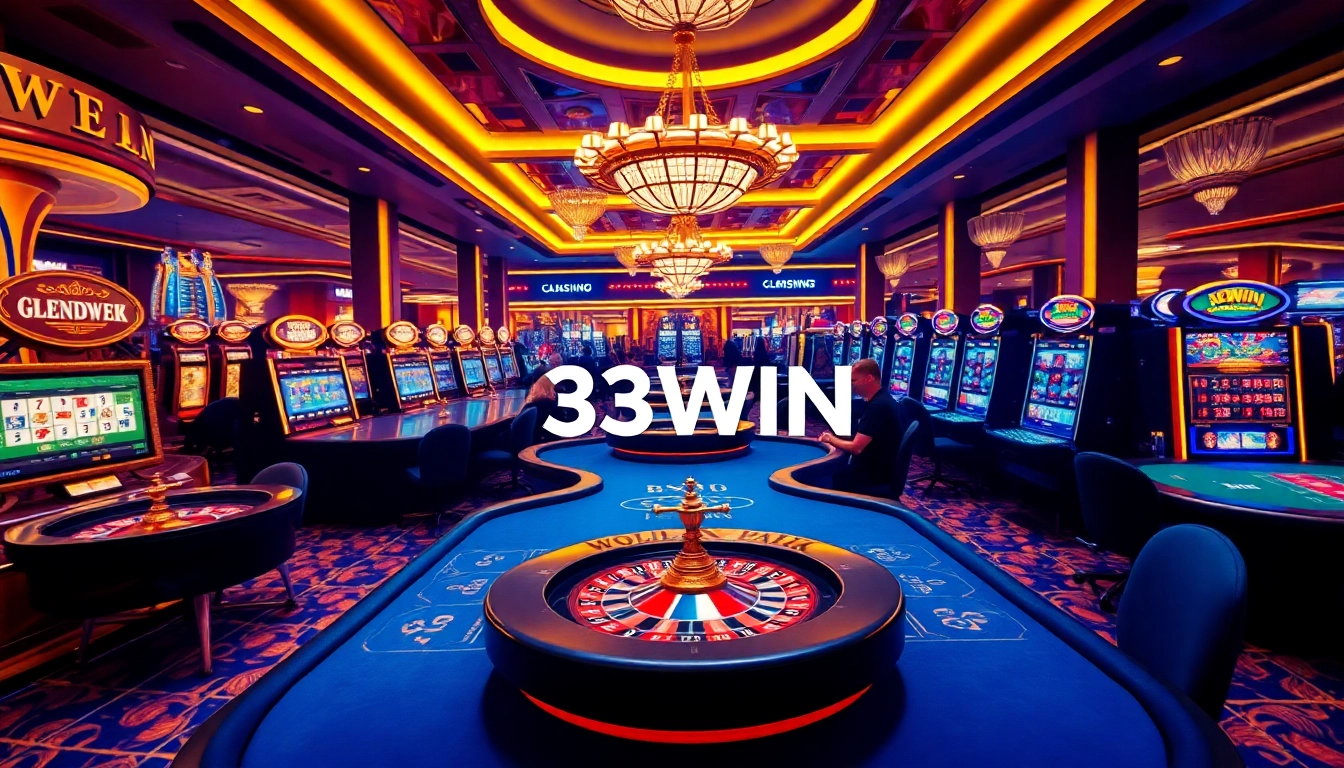 Experience the thrill of 33WIN at an elegant casino with engaging poker and roulette games.