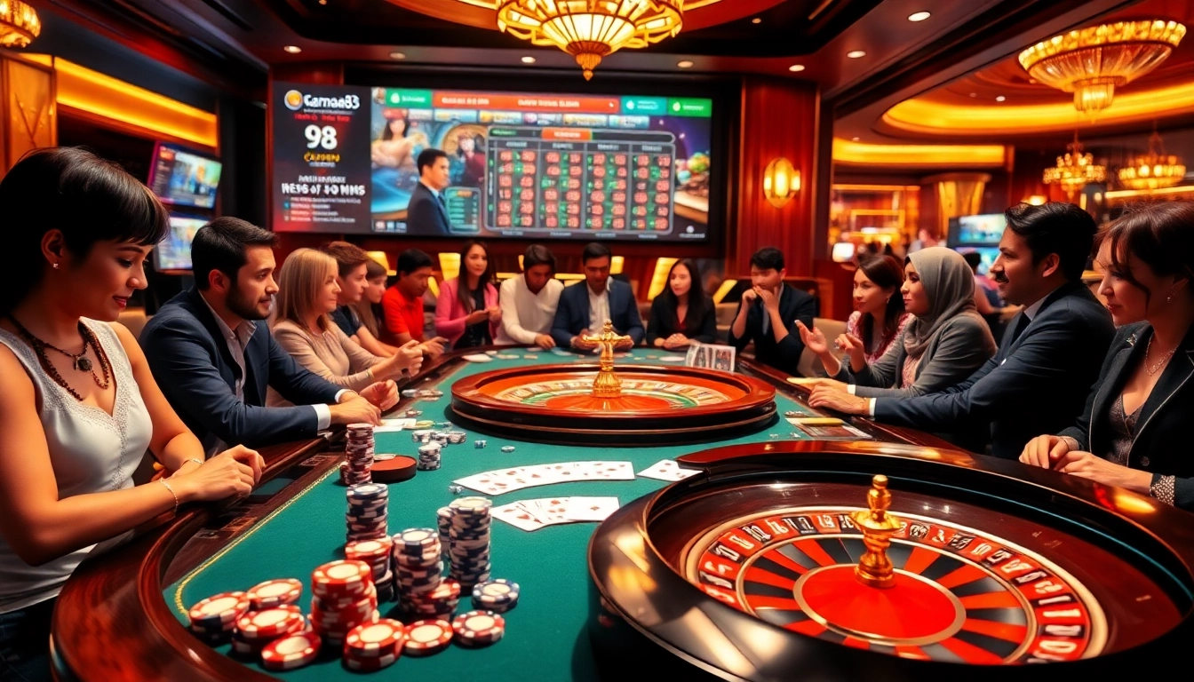 Players engaging in thrilling games at https://98wina8.com/, including poker and roulette, in a vibrant casino atmosphere.