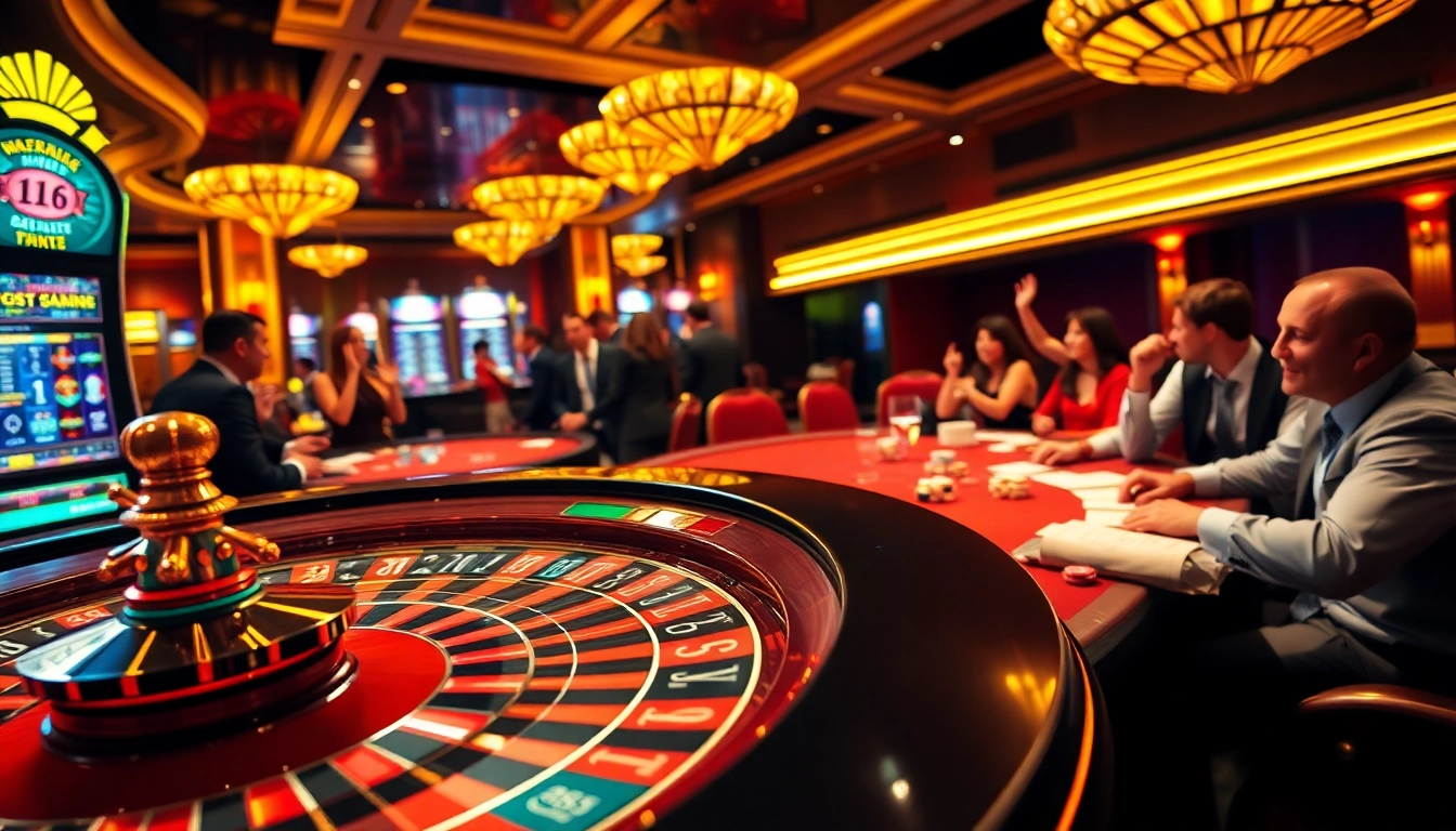 Experience high-stakes gambling excitement at F8BET with lively casino scenes featuring roulette and poker games.
