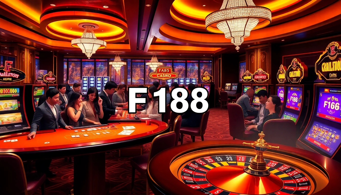 Excited gamblers enjoy a vibrant F168 casino scene with lively tables and modern slot machines.