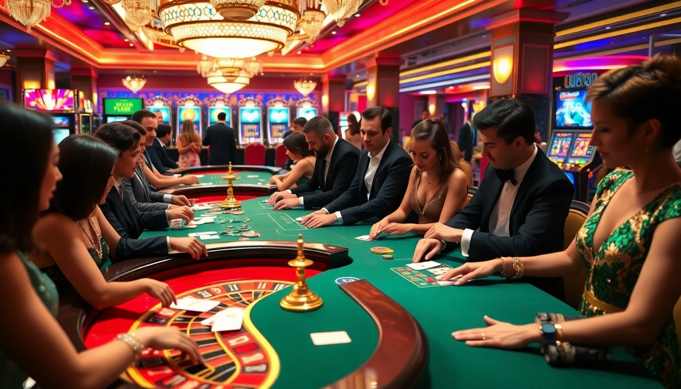 Exciting casino gameplay at https://luck8s.live/ with poker tables, slot machines, and engaged players.