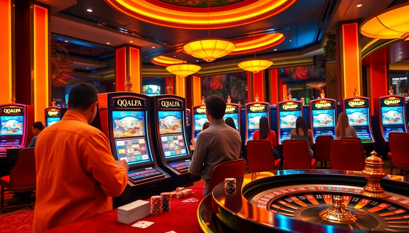 Players engaging with QQALFA slot machines in a vibrant casino atmosphere, highlighting excitement.