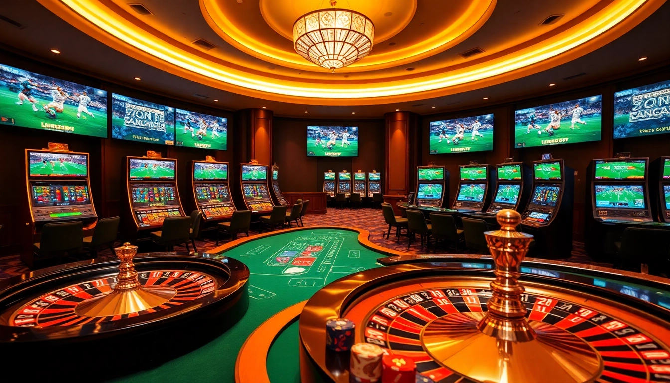 Experience live sports betting with Luongson TV amidst a luxurious casino setting.