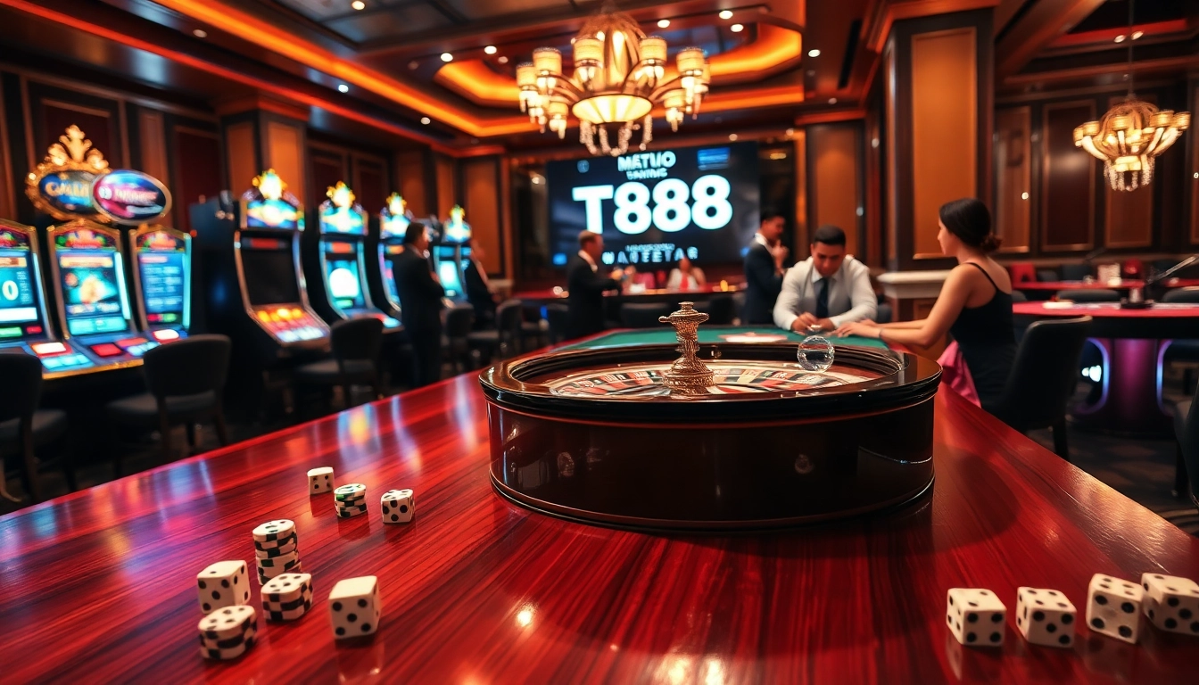 Experience the thrill of Nhà cái TT88 with a vibrant casino scene featuring roulette and poker players.