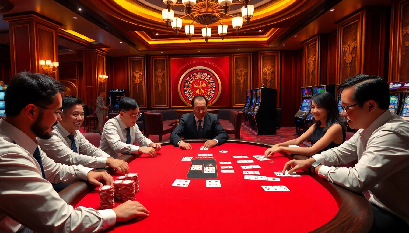 A thrilling poker game at Nhà cái MMOO showcasing excitement with chips and cards on a stylish table.